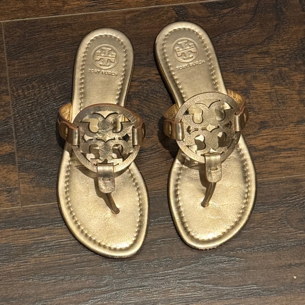 Tory Burch Metallic Rose Gold Logo Thong Sandals